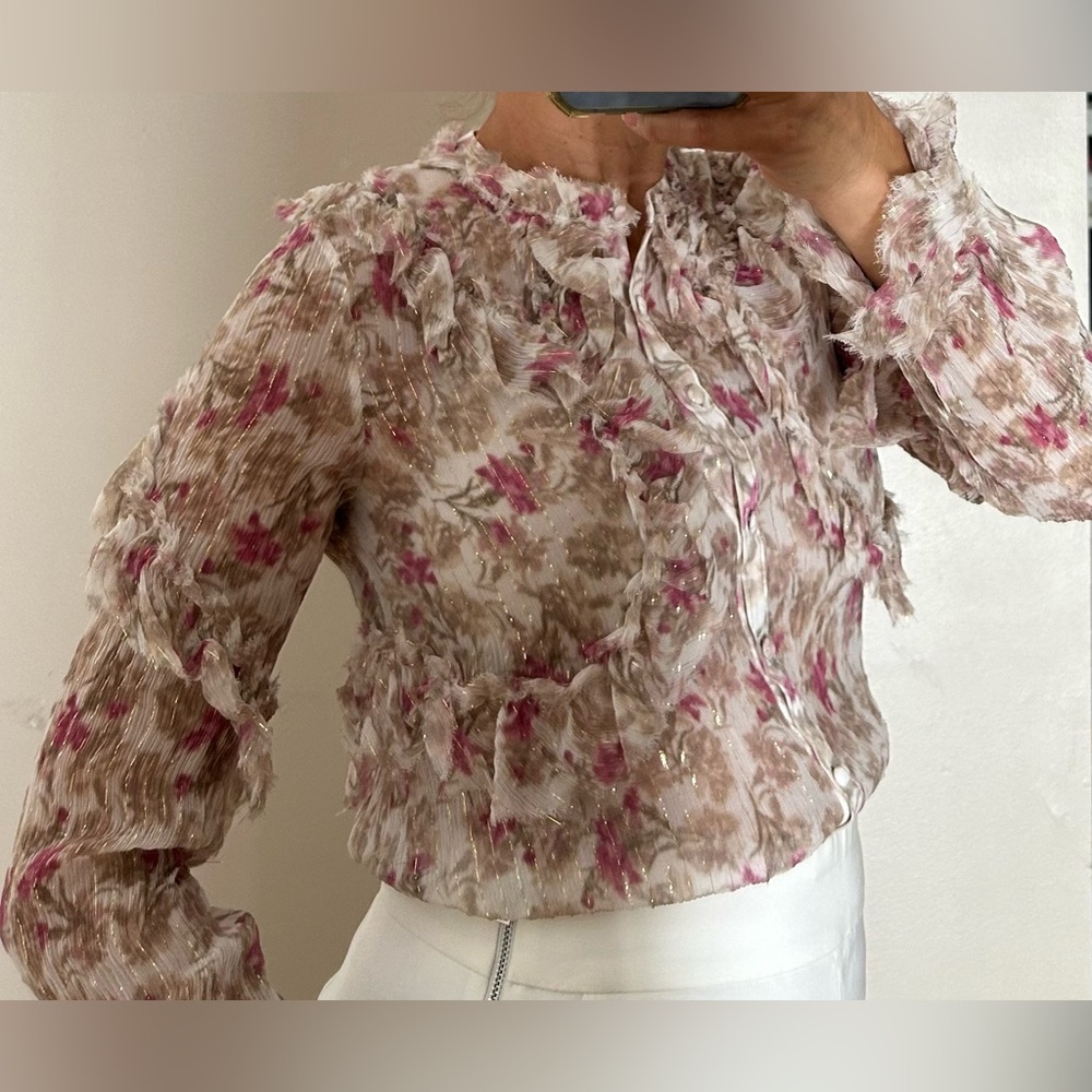 LoveShackFancy silk ruffle blouse.